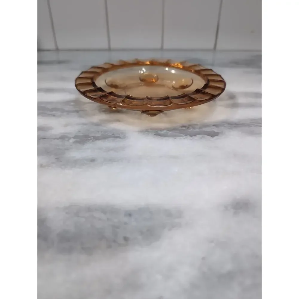 Indiana Glass Amber Trinket Footed Bowl Dish, Scalloped Edge Vintage 6